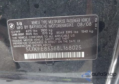 2008 BMW X5 4.8I z USA, uszkodzony, nr VIN 5UXFE83568L168025